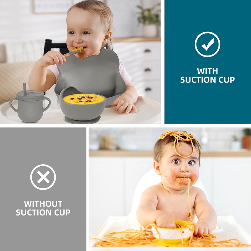 Dormlony 100% Silicone baby feeding set,BPA free Baby dishes set with Suction Bowl Divided Plate,Toddler Self Feeding Dish Set with Spoons Forks Sippy Cup And Bib, Baby Eating Utensils (Light Brown) - Image 4